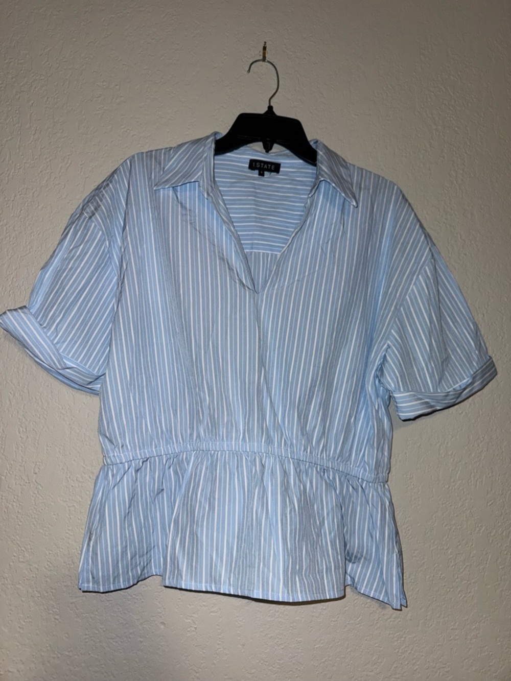 1. STATE Striped Peplum Collared Blouse Light Blue White Womens Large
